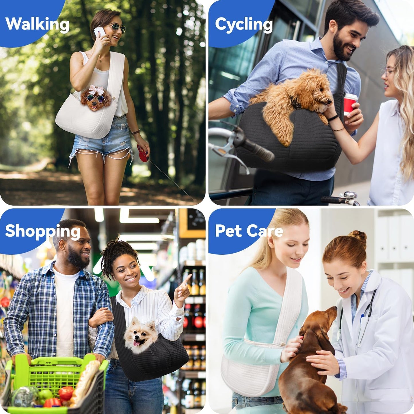 Dog Sling Carrier for Small Dogs Cats, Ultra-Comfortable Dog Carrier Sling up to 10Lbs, Hand-Free Widened Strap Dog Purse for Cat & Puppy, Dog Pouch Carrier Built-In Safety Leash (White)