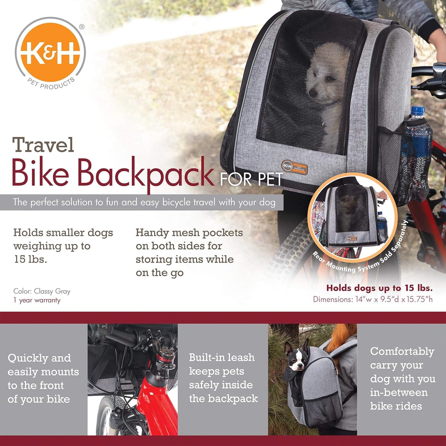PET PRODUCTS Travel Bike Backpack for Pets Gray 9.5 X 14 X 15.75 Inches