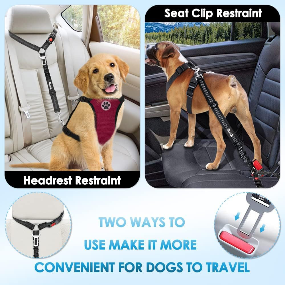 Dog Seat Belt for Car, 2 Pack Dog Car Harness Seatbelt Adjustable with Elastic Bungee Buffer, 2 in 1 Pet Car Leash Headrest Restraint Dog Reflective Safety Tether (Black, Headrest+Clip)