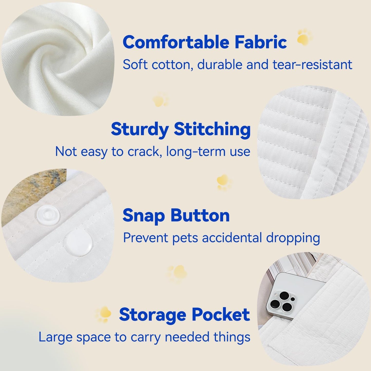 Dog Sling Carrier for Small Dogs Cats, Ultra-Comfortable Dog Carrier Sling up to 10Lbs, Hand-Free Widened Strap Dog Purse for Cat & Puppy, Dog Pouch Carrier Built-In Safety Leash (White)