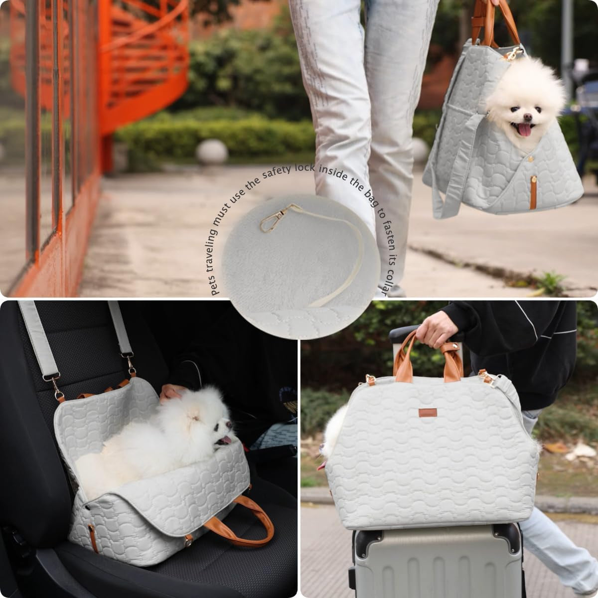 Small Dog Bag Woman Totes Style,Dual Use,Car Safety Seat for Pets,Puppy Kennel Purse,Soft Cat Carrier,Soft Cushion,Trained Gentle Pets Tote Outdoor (Grey)
