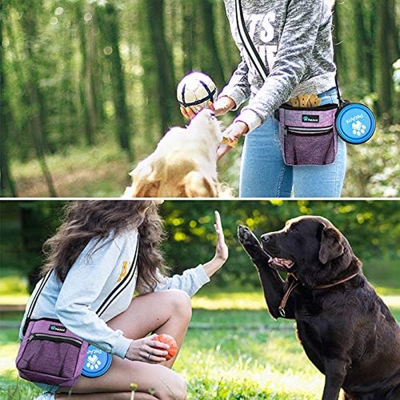 Deluxe Dog Training Pouch with Shoulder/Waist Strap and Built-In Poop Bag Dispenser | Dog Treat Training Bag for Treats Kibbles Pet Toys | Collapsible Food/Water Bowl Included