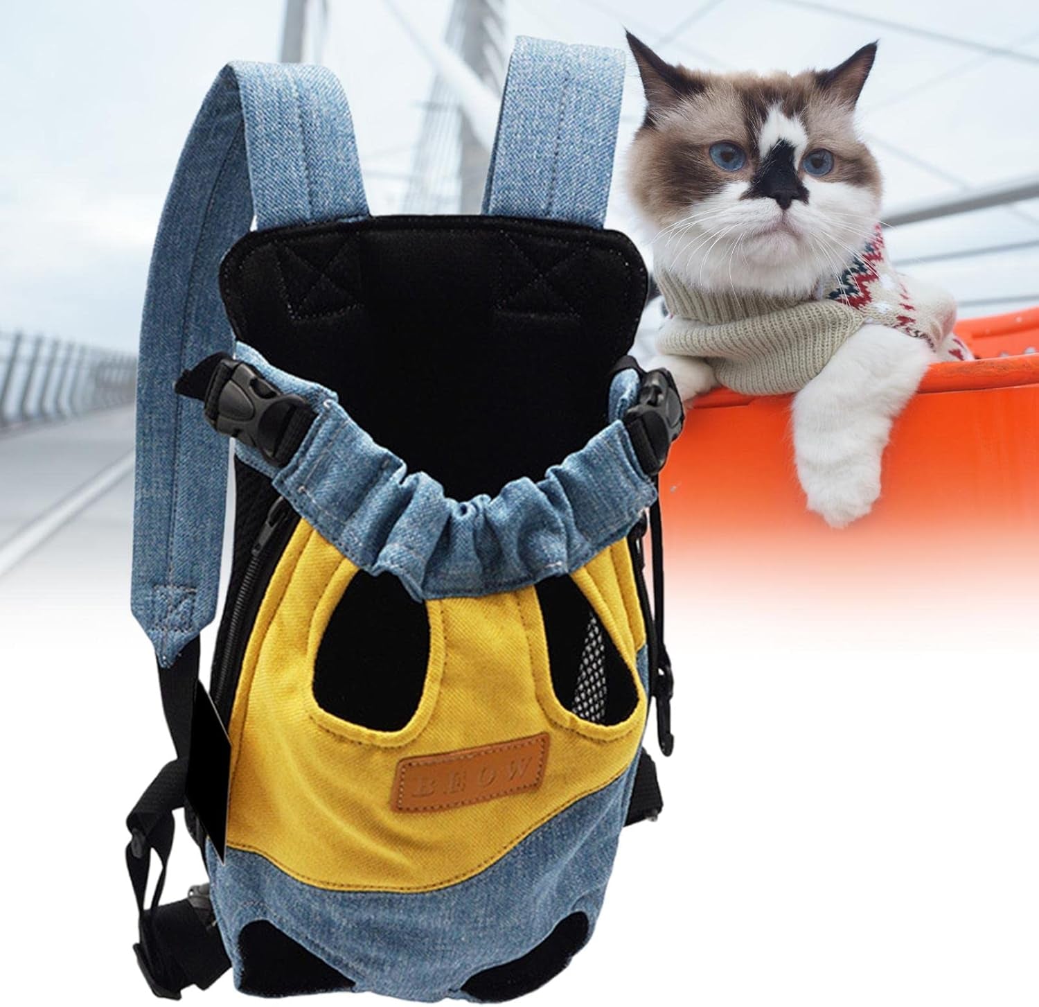 Pet Carrier Backpack Cat Chest Bag Portable Shoulder Strap Front Carrier Legs Out for Walking Hiking Camping (L Yellow Blue)