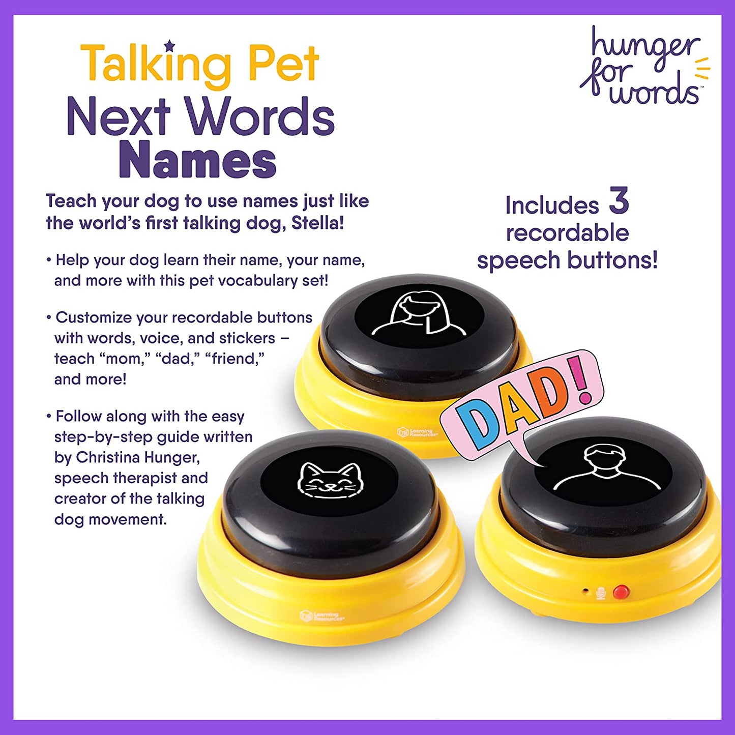 Talking Pet Next Words Names - 3Pc Dog Talking Recordable Button Set, Dog Buttons for Communication | Games & Stuff for Dogs