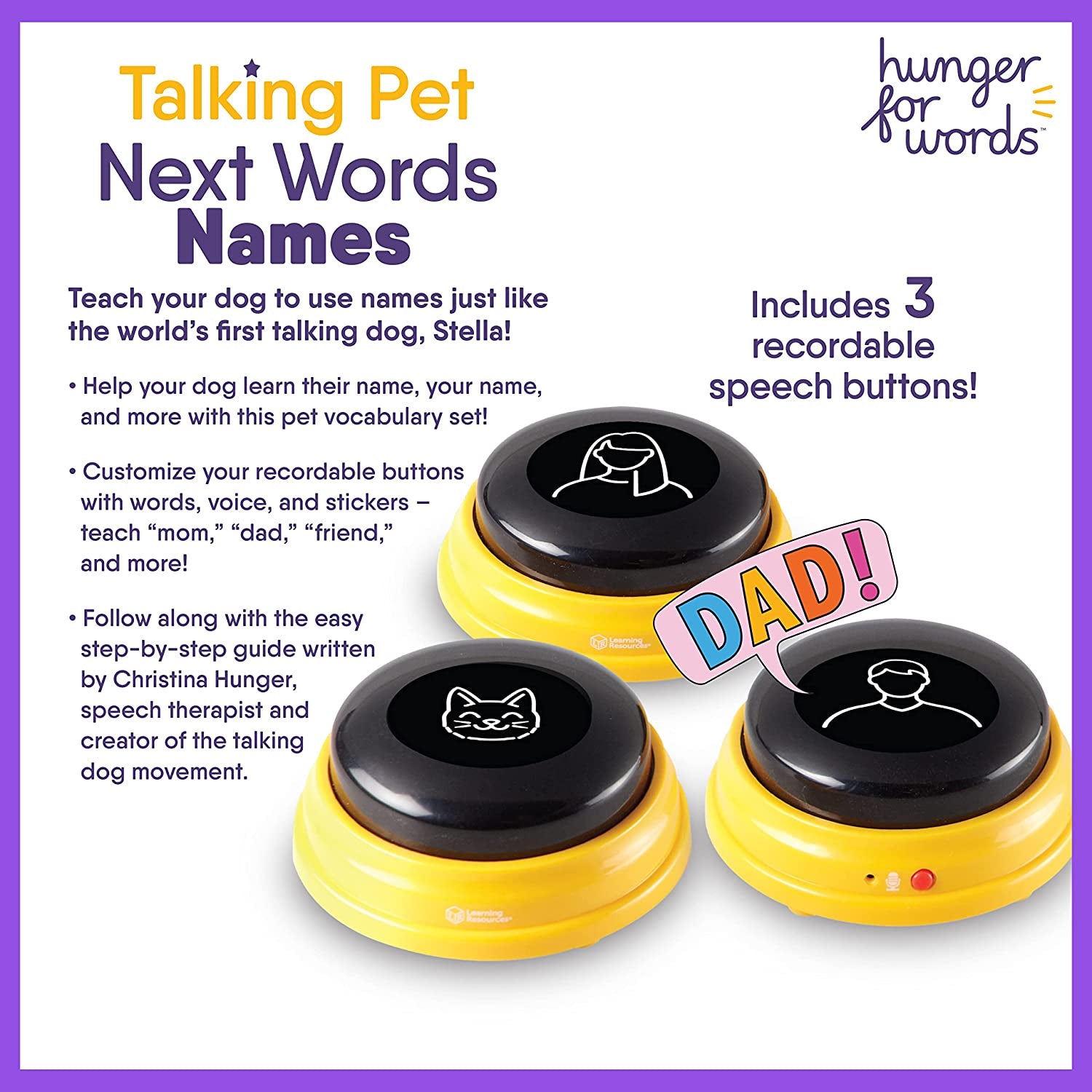 Talking Pet Next Words Names - 3Pc Dog Talking Recordable Button Set, Dog Buttons for Communication | Games & Stuff for Dogs
