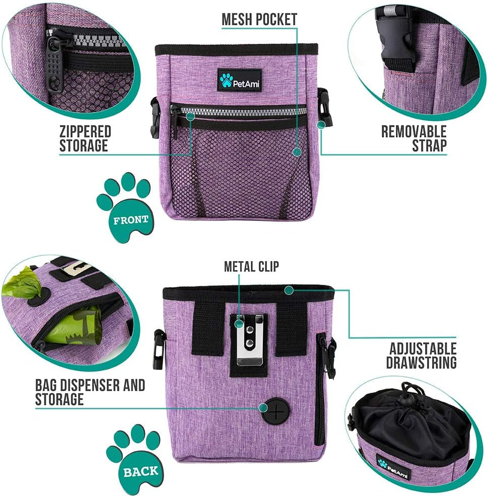 Deluxe Dog Training Pouch with Shoulder/Waist Strap and Built-In Poop Bag Dispenser | Dog Treat Training Bag for Treats Kibbles Pet Toys | Collapsible Food/Water Bowl Included