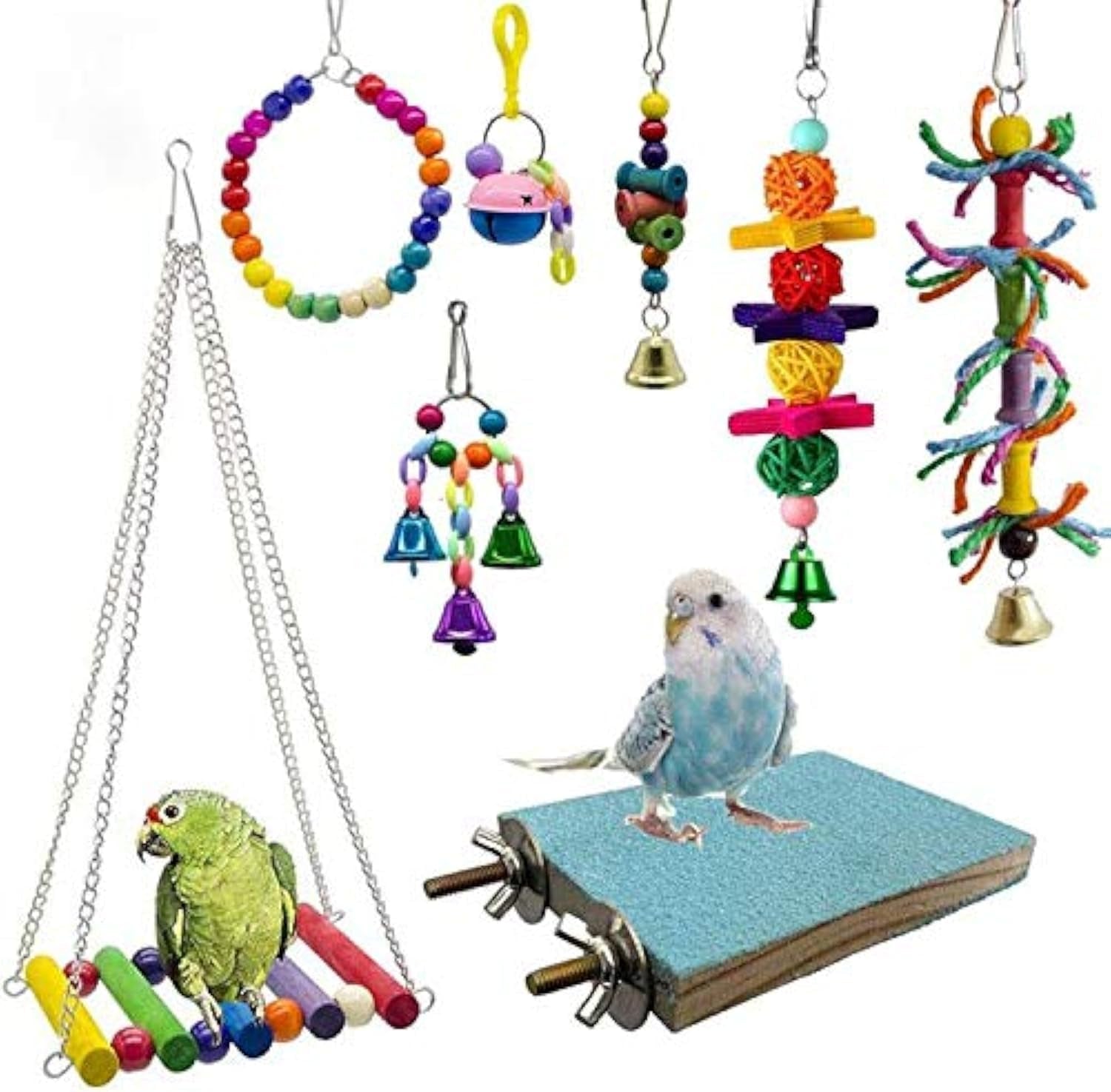 8 Packs Bird Swing Chewing Toys- Parrot Hammock Bell Toys Suitable for Small Parakeets, Cockatiels, Conures, Finches,Budgie,Macaws, Parrots, Love Birds
