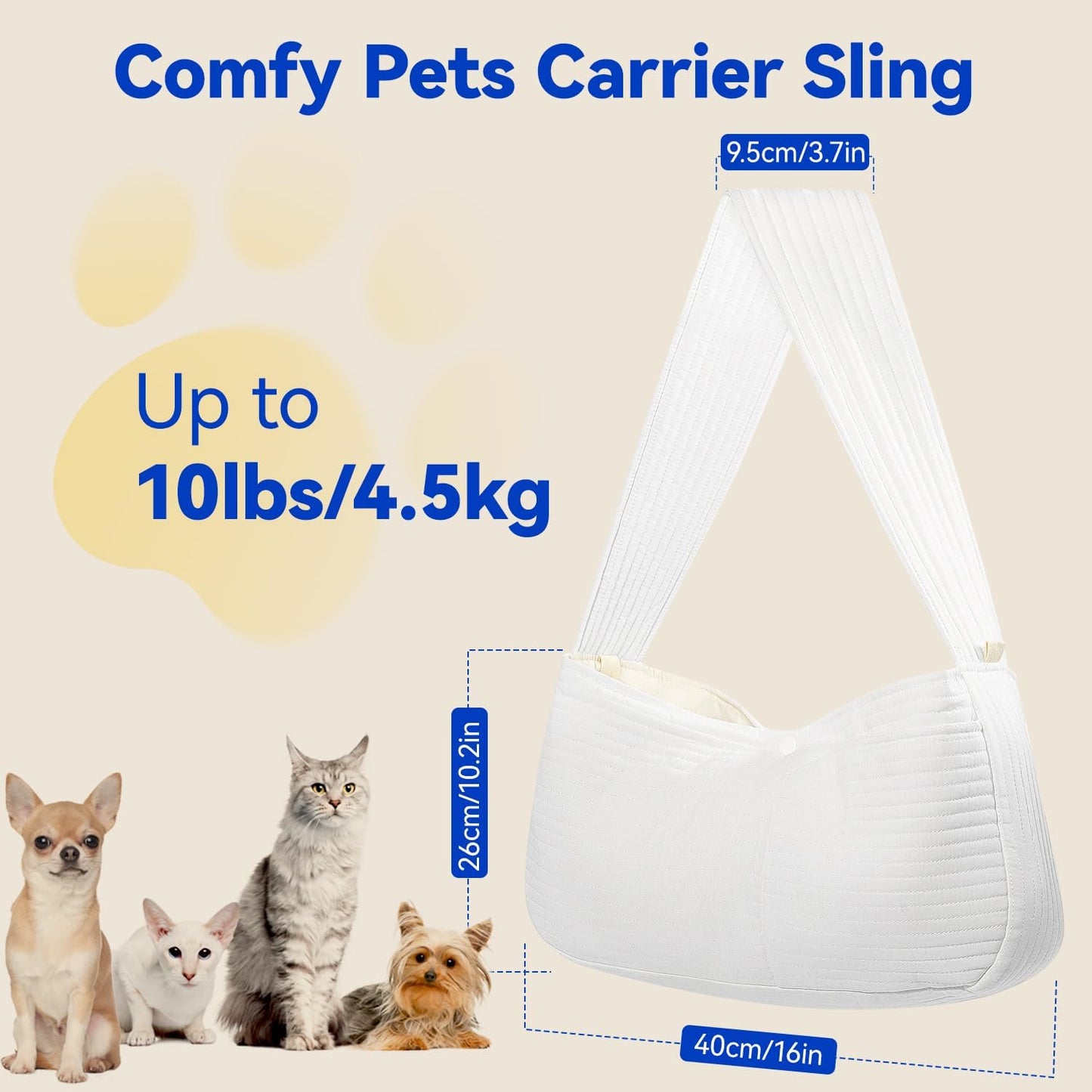 Dog Sling Carrier for Small Dogs Cats, Ultra-Comfortable Dog Carrier Sling up to 10Lbs, Hand-Free Widened Strap Dog Purse for Cat & Puppy, Dog Pouch Carrier Built-In Safety Leash (White)