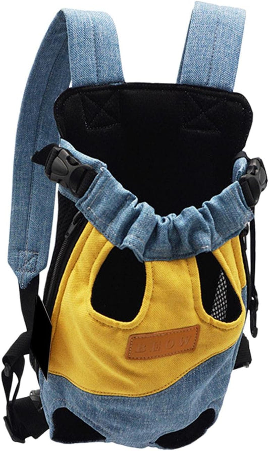 Pet Carrier Backpack Cat Chest Bag Portable Shoulder Strap Front Carrier Legs Out for Walking Hiking Camping (L Yellow Blue)