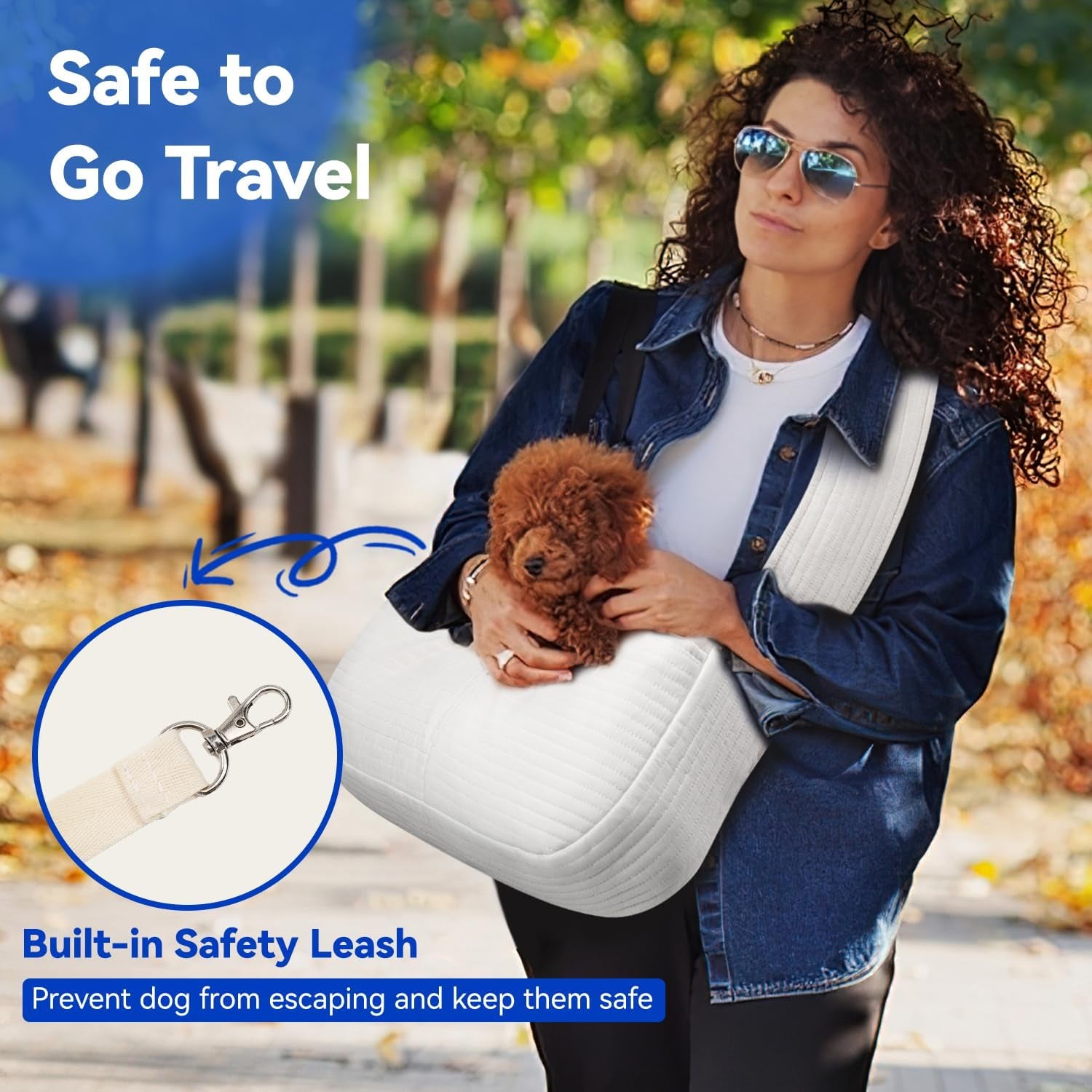 Dog Sling Carrier for Small Dogs Cats, Ultra-Comfortable Dog Carrier Sling up to 10Lbs, Hand-Free Widened Strap Dog Purse for Cat & Puppy, Dog Pouch Carrier Built-In Safety Leash (White)