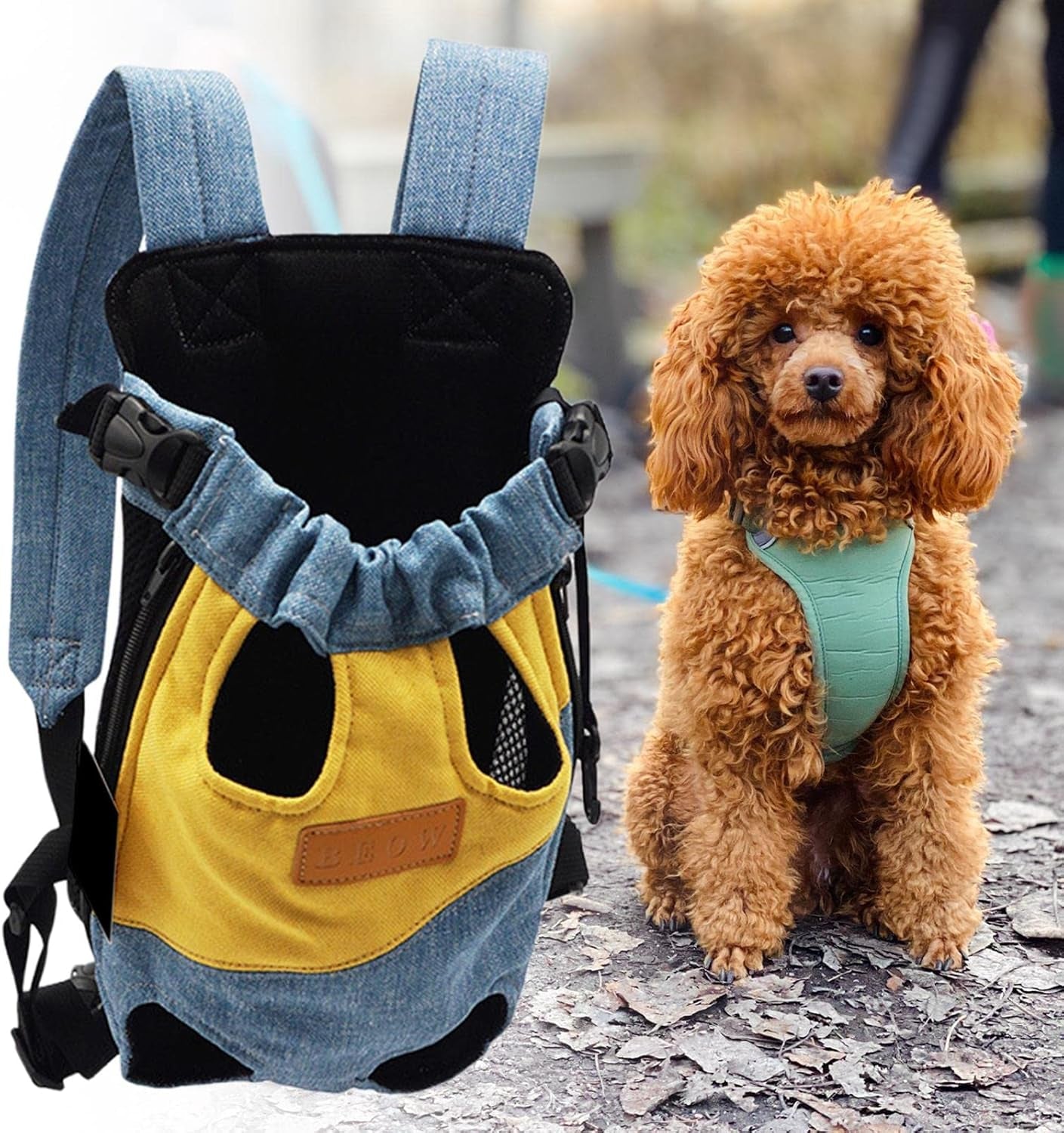 Pet Carrier Backpack Cat Chest Bag Portable Shoulder Strap Front Carrier Legs Out for Walking Hiking Camping (L Yellow Blue)