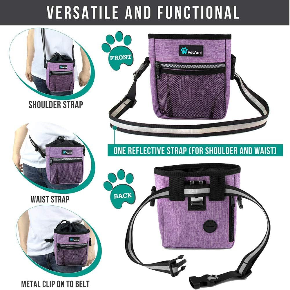Deluxe Dog Training Pouch with Shoulder/Waist Strap and Built-In Poop Bag Dispenser | Dog Treat Training Bag for Treats Kibbles Pet Toys | Collapsible Food/Water Bowl Included
